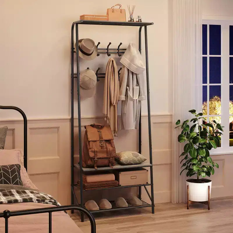 Porte-manteau multifonctionnel moderne avec banc et rangement à chaussures, porte-manteaux à 5 crochets avec cadre en métal et aspect bois pour entrée, couloir et chambre à coucher