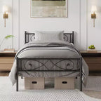 Platform Bed Frame, Metal with Unique First Design Headboard, Under Bed Storage, No Box Spring Required, Easy Assembly Noise Free