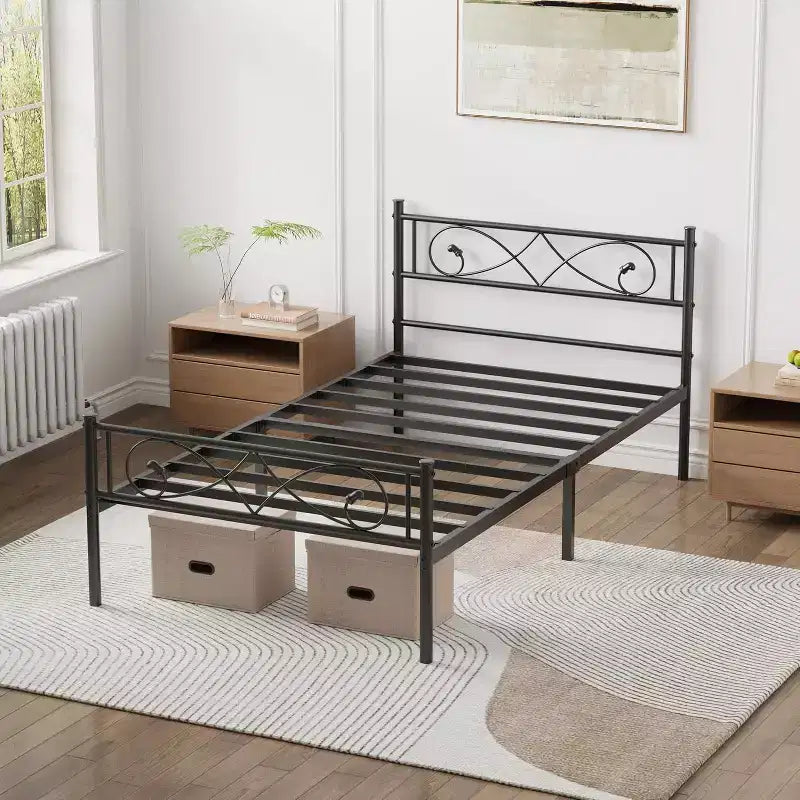 Cadre de lit plateforme, Métal avec tête de lit au design unique, Rangement sous le lit, Pas besoin de sommier tapissier, Assemblage facile sans bruit