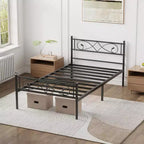 Cadre de lit plateforme, Métal avec tête de lit au design unique, Rangement sous le lit, Pas besoin de sommier tapissier, Assemblage facile sans bruit