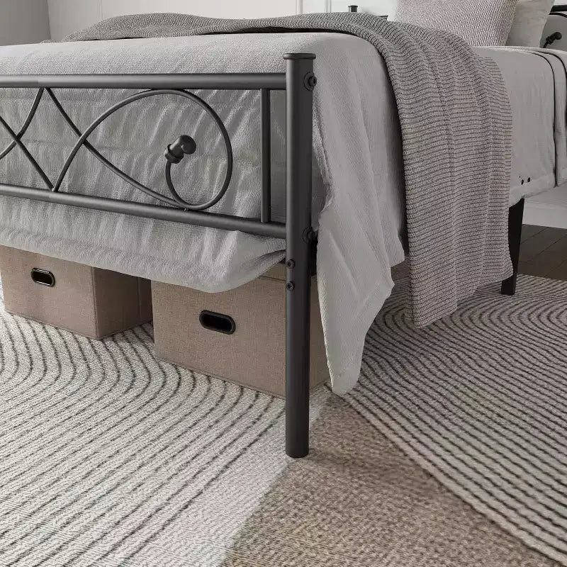 Cadre de lit plateforme, Métal avec tête de lit au design unique, Rangement sous le lit, Pas besoin de sommier tapissier, Assemblage facile sans bruit