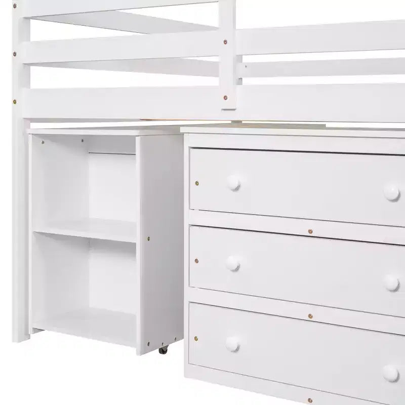 Lit mezzanine bas grand format Luxystar avec bureau roulant, 3 tiroirs et étagères