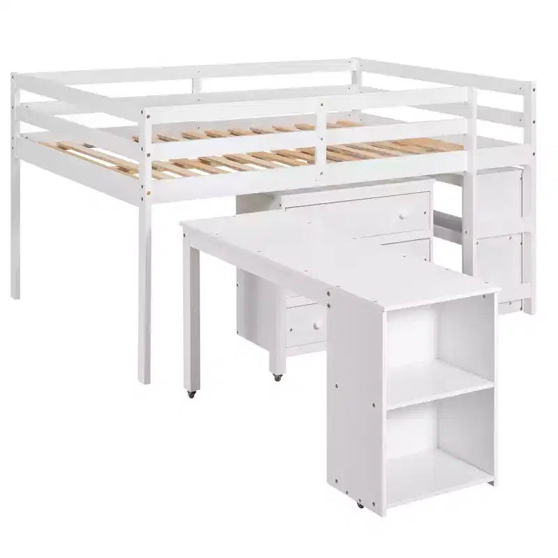 Lit mezzanine bas grand format Luxystar avec bureau roulant, 3 tiroirs et étagères