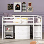Lit mezzanine bas grand format Luxystar avec bureau roulant, 3 tiroirs et étagères