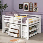 Lit mezzanine bas grand format Luxystar avec bureau roulant, 3 tiroirs et étagères