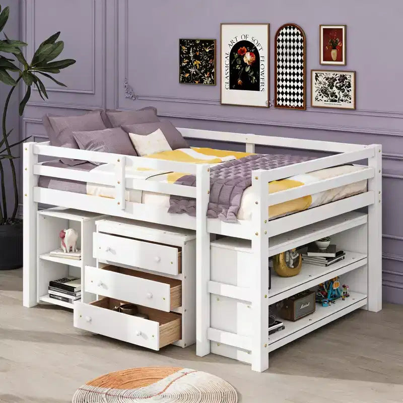 Lit mezzanine bas grand format Luxystar avec bureau roulant, 3 tiroirs et étagères