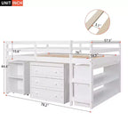 Lit mezzanine bas grand format Luxystar avec bureau roulant, 3 tiroirs et étagères
