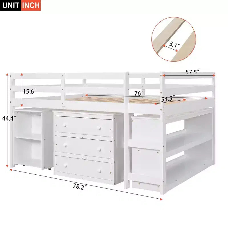 Lit mezzanine bas grand format Luxystar avec bureau roulant, 3 tiroirs et étagères