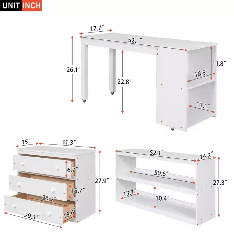 Lit mezzanine bas grand format Luxystar avec bureau roulant, 3 tiroirs et étagères