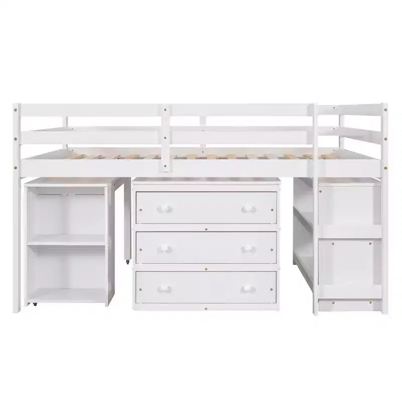 Lit mezzanine bas grand format Luxystar avec bureau roulant, 3 tiroirs et étagères