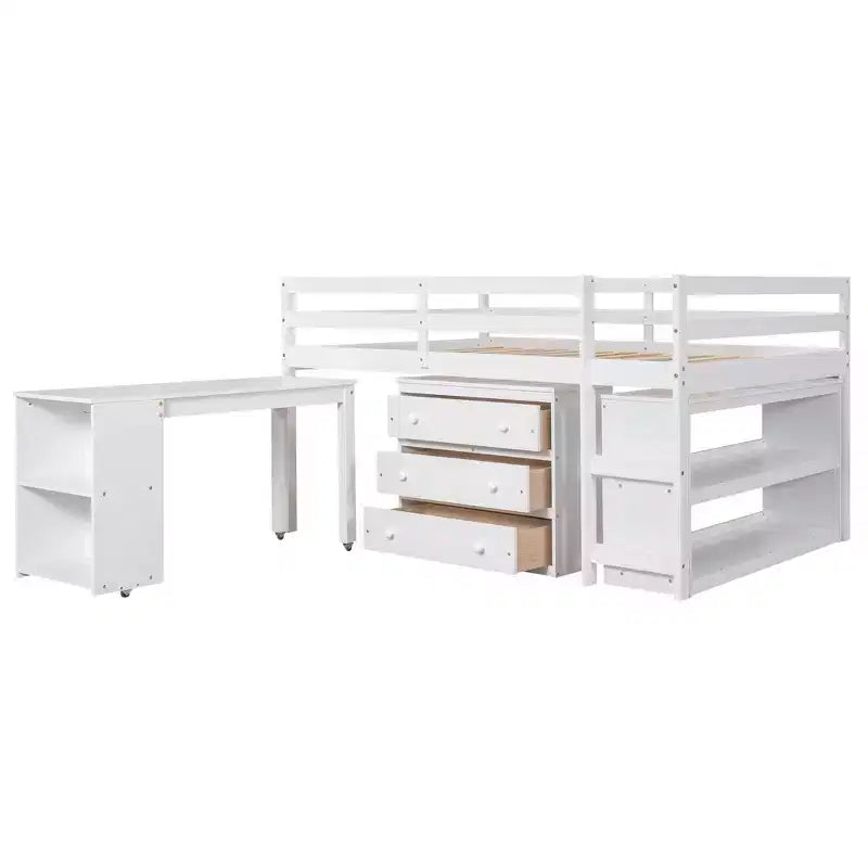 Lit mezzanine bas grand format Luxystar avec bureau roulant, 3 tiroirs et étagères
