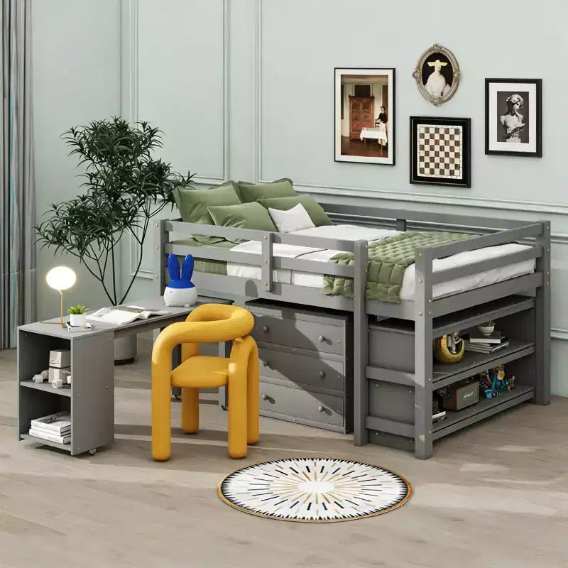 Lit mezzanine bas grand format Luxystar avec bureau roulant, 3 tiroirs et étagères