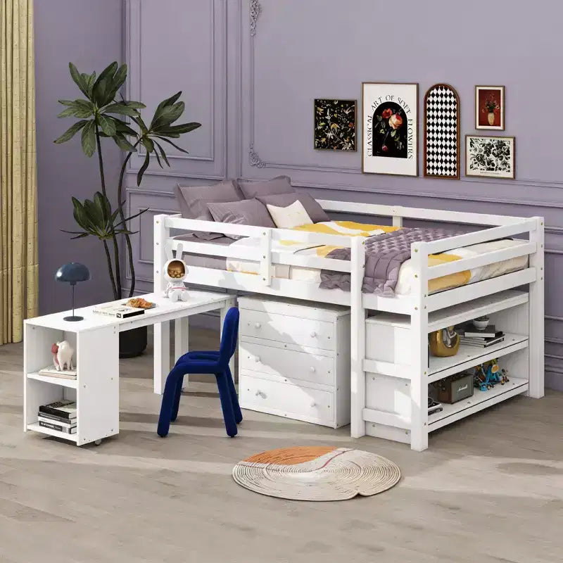 Lit mezzanine bas grand format Luxystar avec bureau roulant, 3 tiroirs et étagères