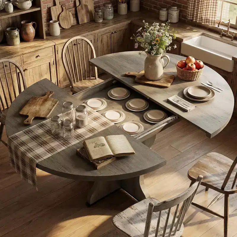 Table à manger ronde extensible de 63 pouces pour 4 à 8 personnes, table de cuisine ovale de style rustique avec cadre métallique robuste et pieds plus larges pour appartements