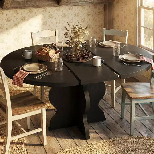 Table à manger ronde extensible de 63 pouces pour 4 à 8 personnes, table de cuisine ovale de style rustique avec cadre métallique robuste et pieds plus larges pour appartements