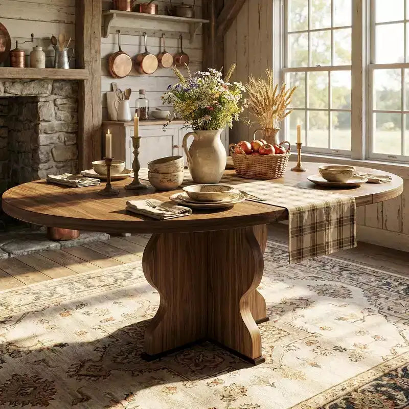 Table à manger ronde extensible de 63 pouces pour 4 à 8 personnes, table de cuisine ovale de style rustique avec cadre métallique robuste et pieds plus larges pour appartements