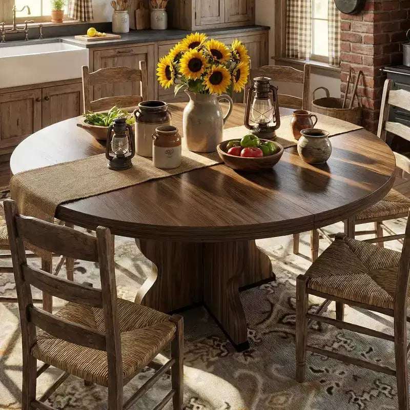 Table à manger ronde extensible de 63 pouces pour 4 à 8 personnes, table de cuisine ovale de style rustique avec cadre métallique robuste et pieds plus larges pour appartements