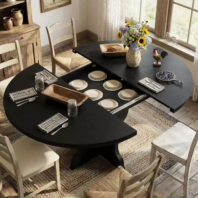 Table à manger ronde extensible de 63 pouces pour 4 à 8 personnes, table de cuisine ovale de style rustique avec cadre métallique robuste et pieds plus larges pour appartements