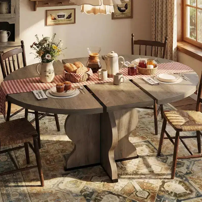 Table à manger ronde extensible de 63 pouces pour 4 à 8 personnes, table de cuisine ovale de style rustique avec cadre métallique robuste et pieds plus larges pour appartements