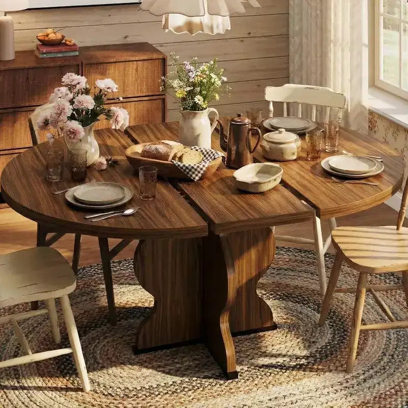 Table à manger ronde extensible de 63 pouces pour 4 à 8 personnes, table de cuisine ovale de style rustique avec cadre métallique robuste et pieds plus larges pour appartements