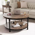 Table Basse. Ronde en Bois Vintage Rétro. Table à 2 Niveaux. Table d'Appoint. Table d'Extrémité avec 4 Pieds Colonnes pour Salon. Séjour. Bureau