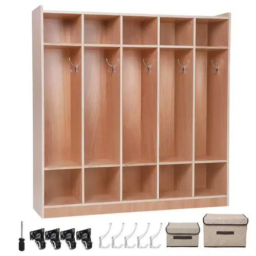 5-Section Kids School Storage Locker, 3-Tier Wooden Classroom Cubby with 10 Cubbies & 5 Hooks, Mobile Daycare Coat Locker with 4 Casters