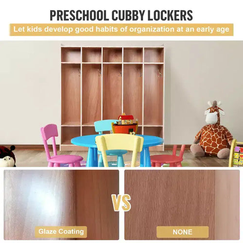 Casier de rangement scolaire à 5 sections pour enfants, casier de classe en bois à 3 niveaux avec 10 compartiments et 5 crochets, casier mobile de garderie avec 4 roulettes