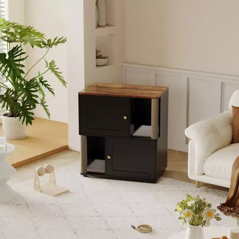 Double litière pour 2 chats, meuble double dissimulé, tapis de marquage et poteau en sisal, table d'appoint moderne anti-chiens, grande maison pour chat de rangement