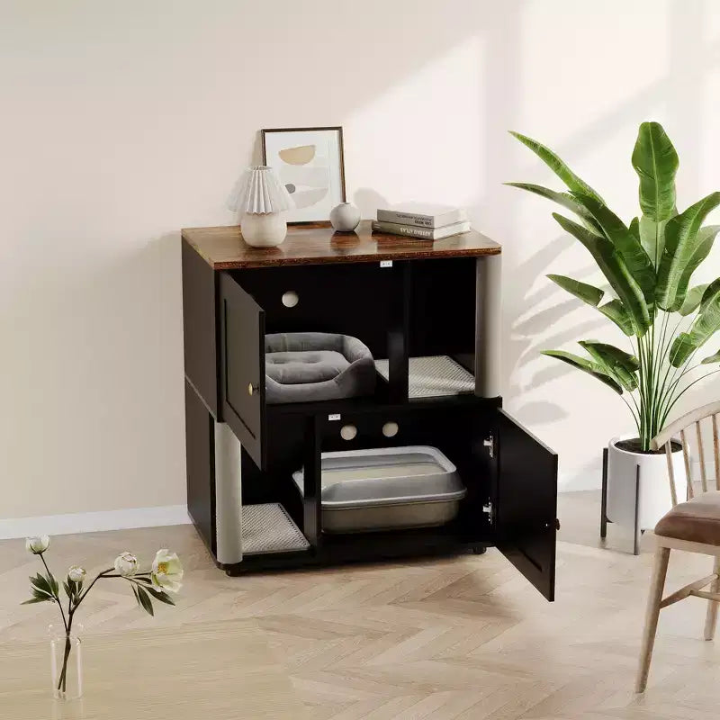 Double litière pour 2 chats, meuble double dissimulé, tapis de marquage et poteau en sisal, table d'appoint moderne anti-chiens, grande maison pour chat de rangement