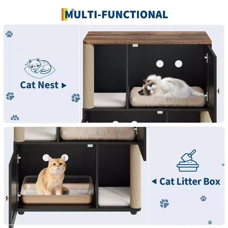 Double litière pour 2 chats, meuble double dissimulé, tapis de marquage et poteau en sisal, table d'appoint moderne anti-chiens, grande maison pour chat de rangement