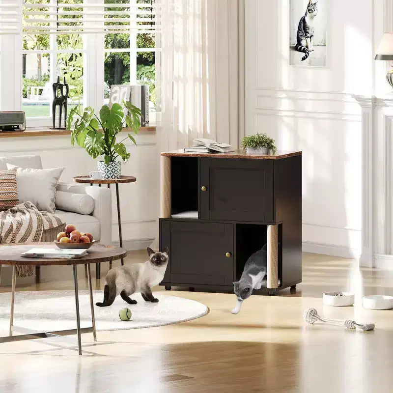 Double litière pour 2 chats, meuble double dissimulé, tapis de marquage et poteau en sisal, table d'appoint moderne anti-chiens, grande maison pour chat de rangement