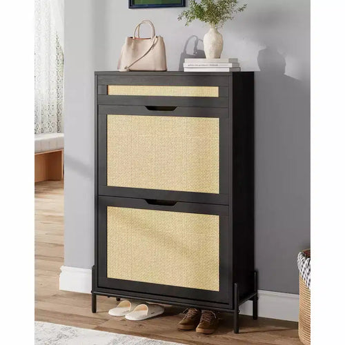 Acekool Rattan Shoe Cabinet, 3 Tier Organizer with Drawers and Adjustable Shelves, Space Saving Entryway Storage