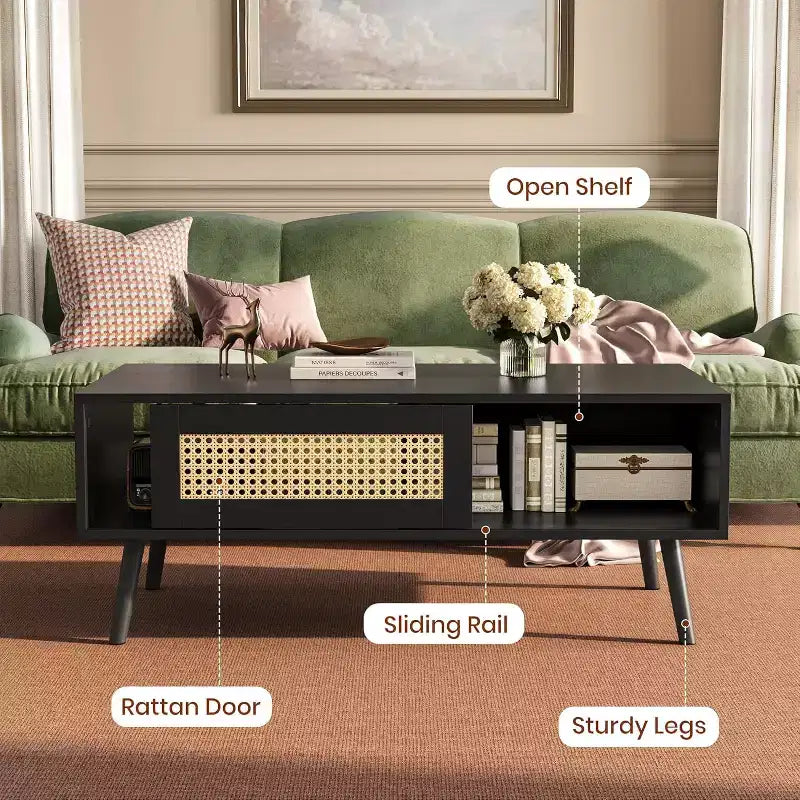 Table basse bohème en bois avec portes coulissantes en rotin et étagère de rangement, table centrale de style Mid-Century avec compartiments cachés pour salon et chambre