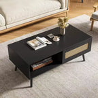Table basse bohème en bois avec portes coulissantes en rotin et étagère de rangement, table centrale de style Mid-Century avec compartiments cachés pour salon et chambre