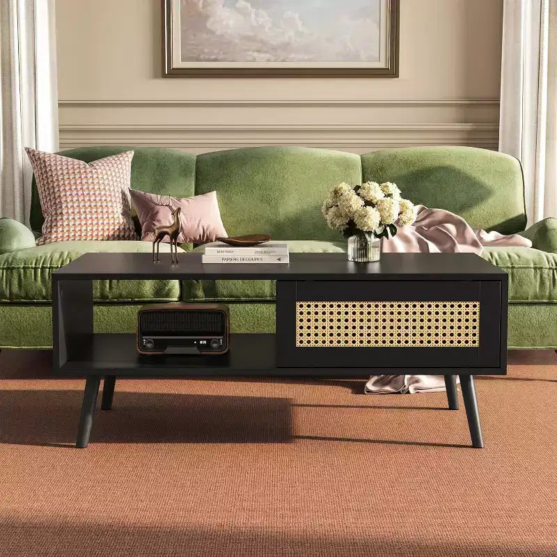 Table basse bohème en bois avec portes coulissantes en rotin et étagère de rangement, table centrale de style Mid-Century avec compartiments cachés pour salon et chambre