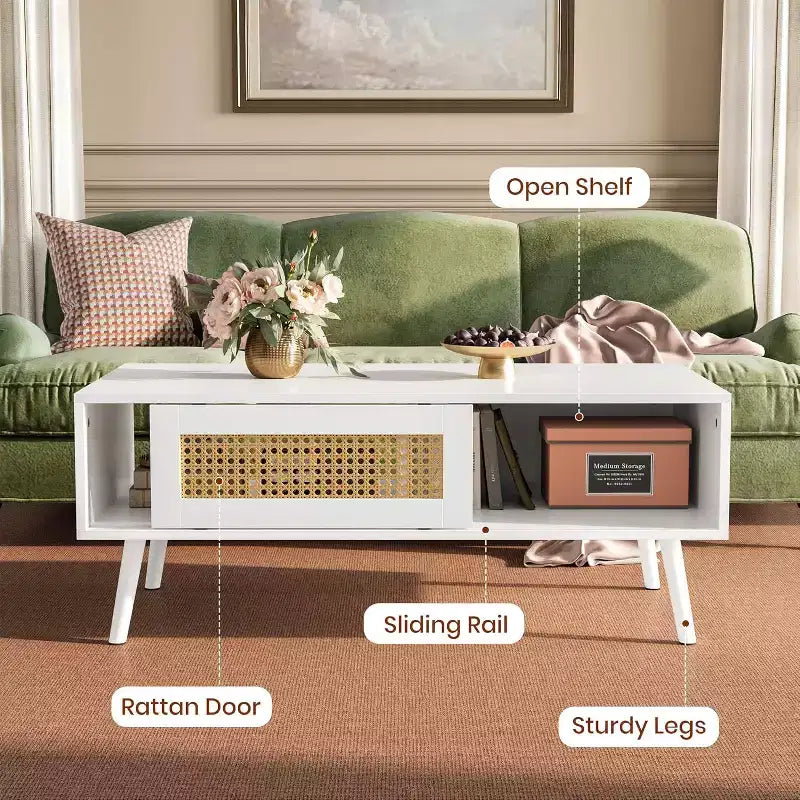Table basse bohème en bois avec portes coulissantes en rotin et étagère de rangement, table centrale de style Mid-Century avec compartiments cachés pour salon et chambre