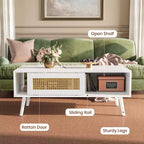 Table basse bohème en bois avec portes coulissantes en rotin et étagère de rangement, table centrale de style Mid-Century avec compartiments cachés pour salon et chambre