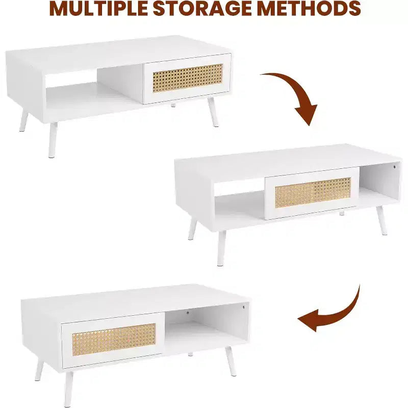 Table basse bohème en bois avec portes coulissantes en rotin et étagère de rangement, table centrale de style Mid-Century avec compartiments cachés pour salon et chambre