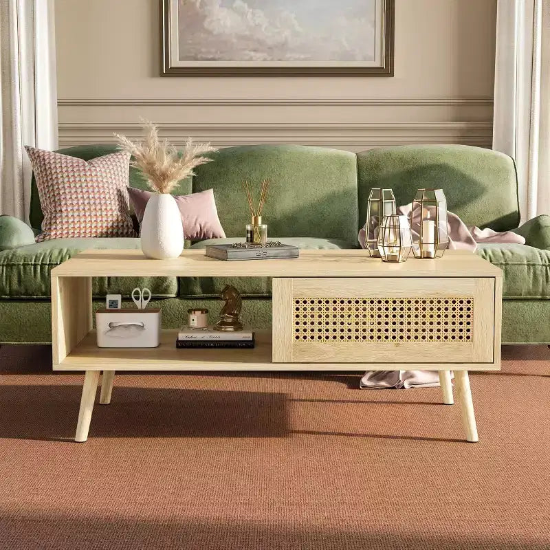 Table basse bohème en bois avec portes coulissantes en rotin et étagère de rangement, table centrale de style Mid-Century avec compartiments cachés pour salon et chambre