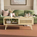Table basse bohème en bois avec portes coulissantes en rotin et étagère de rangement, table centrale de style Mid-Century avec compartiments cachés pour salon et chambre