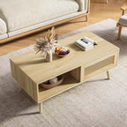 Table basse bohème en bois avec portes coulissantes en rotin et étagère de rangement, table centrale de style Mid-Century avec compartiments cachés pour salon et chambre