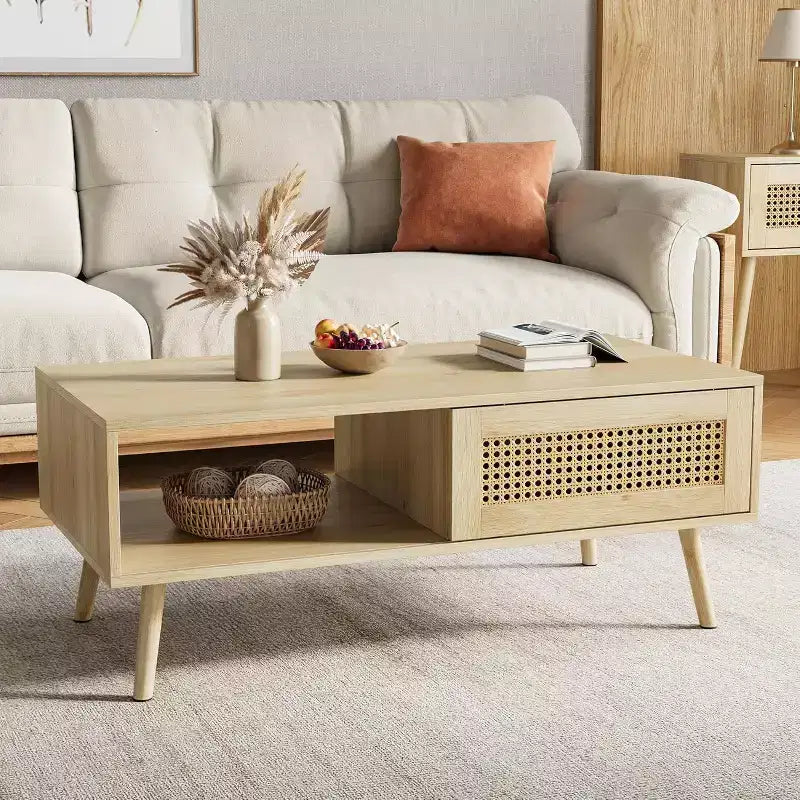 Table basse bohème en bois avec portes coulissantes en rotin et étagère de rangement, table centrale de style Mid-Century avec compartiments cachés pour salon et chambre