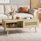 Table basse bohème en bois avec portes coulissantes en rotin et étagère de rangement, table centrale de style Mid-Century avec compartiments cachés pour salon et chambre
