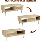 Table basse bohème en bois avec portes coulissantes en rotin et étagère de rangement, table centrale de style Mid-Century avec compartiments cachés pour salon et chambre