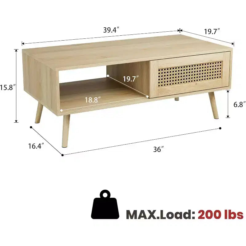Table basse bohème en bois avec portes coulissantes en rotin et étagère de rangement, table centrale de style Mid-Century avec compartiments cachés pour salon et chambre