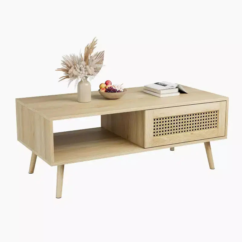 Boho Wood Coffee Table with Sliding Rattan Doors and Storage Shelf, Mid Century Center Table with Hidden Compartments for Living Room Bedroom