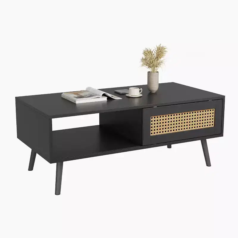 Table basse bohème en bois avec portes coulissantes en rotin et étagère de rangement, table centrale de style Mid-Century avec compartiments cachés pour salon et chambre