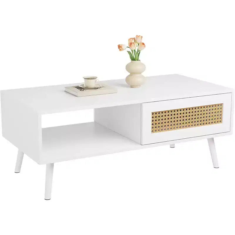 Table basse bohème en bois avec portes coulissantes en rotin et étagère de rangement, table centrale de style Mid-Century avec compartiments cachés pour salon et chambre