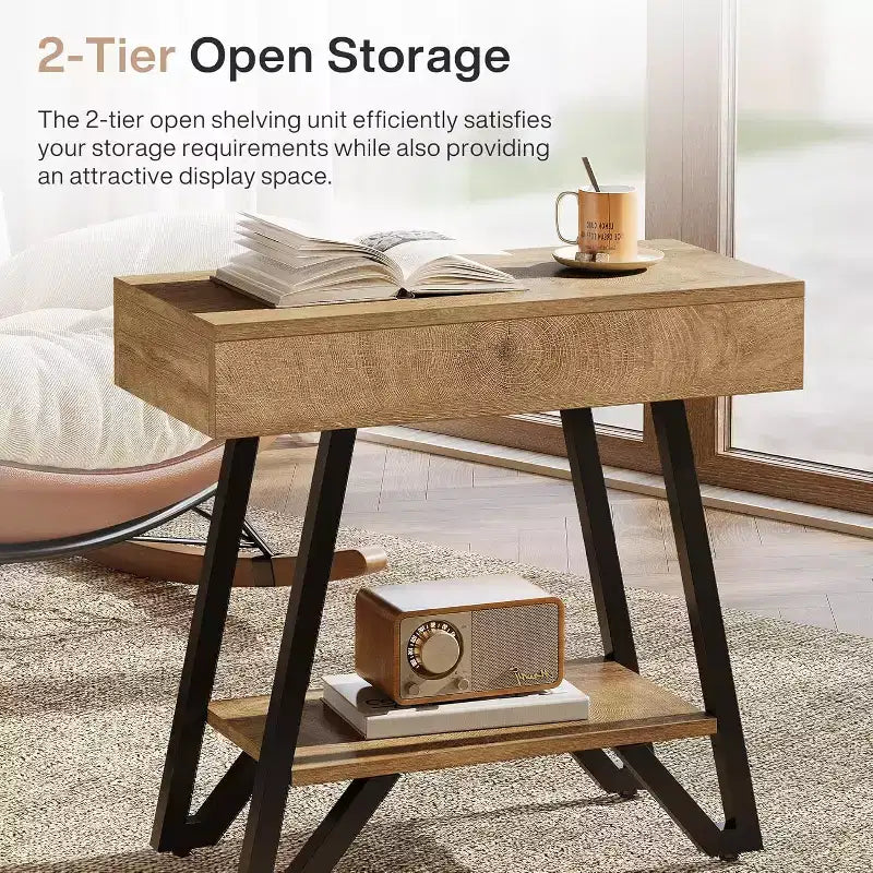 Table d'appoint Lantine : Design étroit avec étagères de rangement, convient au salon, à la chambre, aux petits espaces ; finition naturelle.