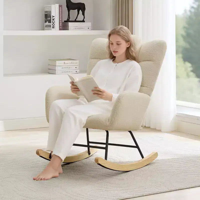 Fauteuil à bascule pour chambre d'enfant, fauteuil à bascule planeur en tissu teddy avec dossier haut, fauteuil de lecture pour chambre à coucher, salon, sans pouf.
